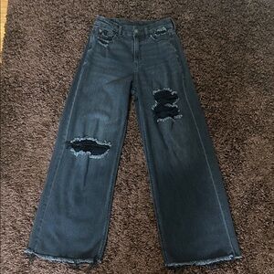 American Eagle Outfitters Black Distressed High Waisted Wide-Leg Jeans.